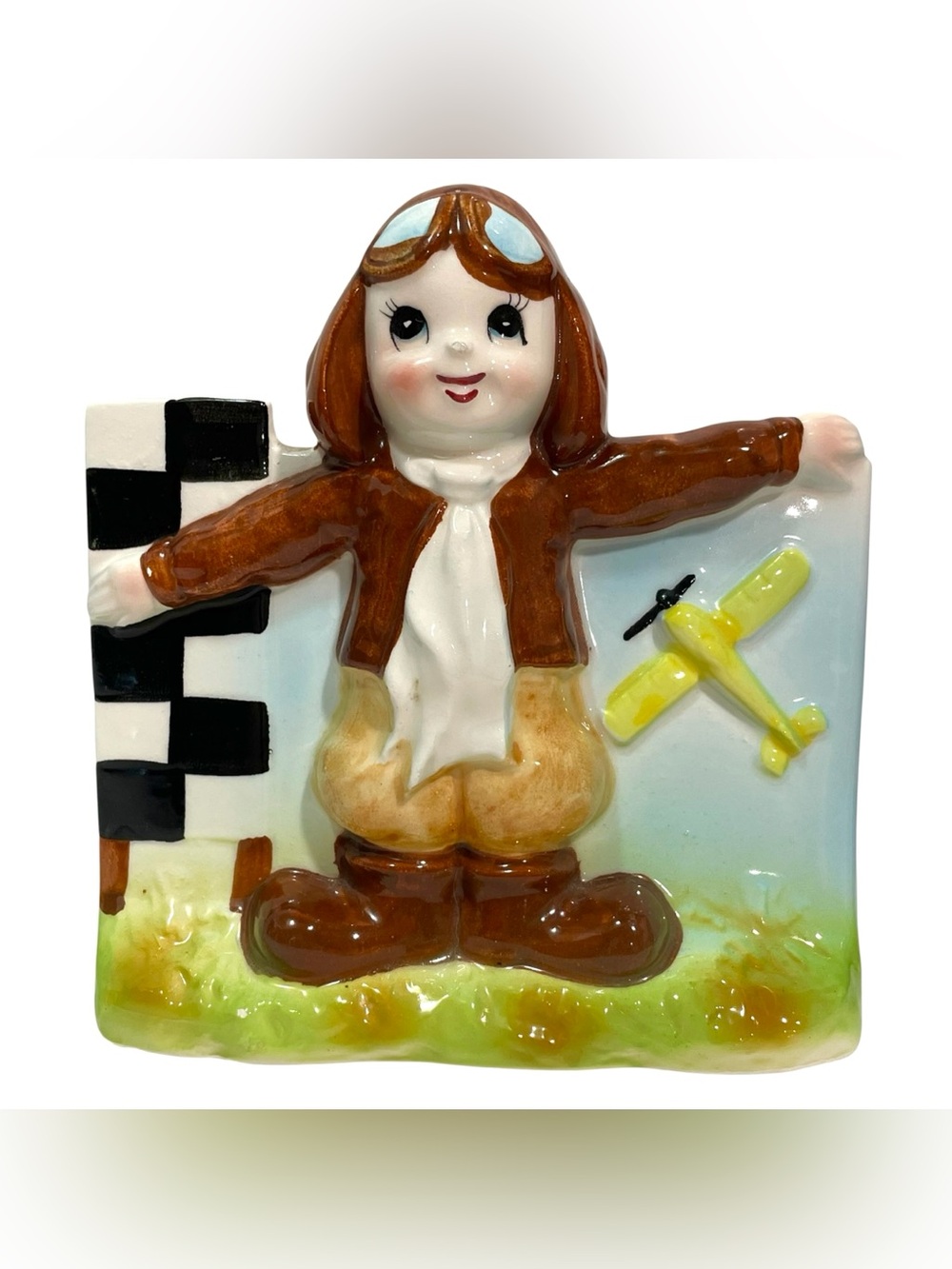 Vintage 1960s Kitschy Boy Aviator Airplane Ceramic Planter Made in Japan